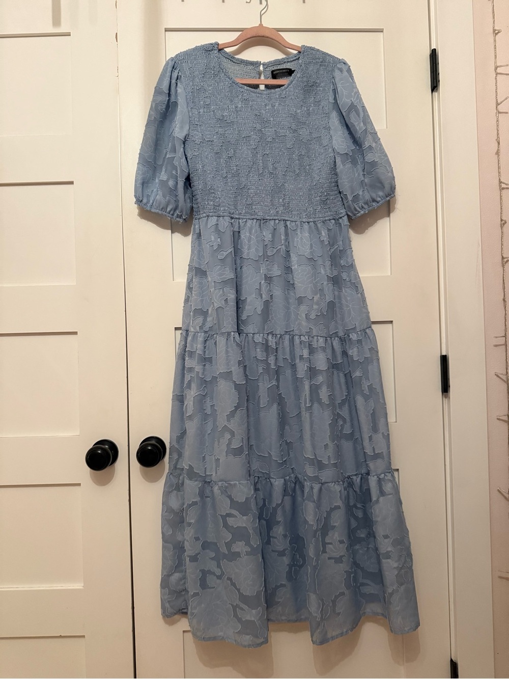 Soft Blue Tiered Lace Midi Dress with Puff Sleeves